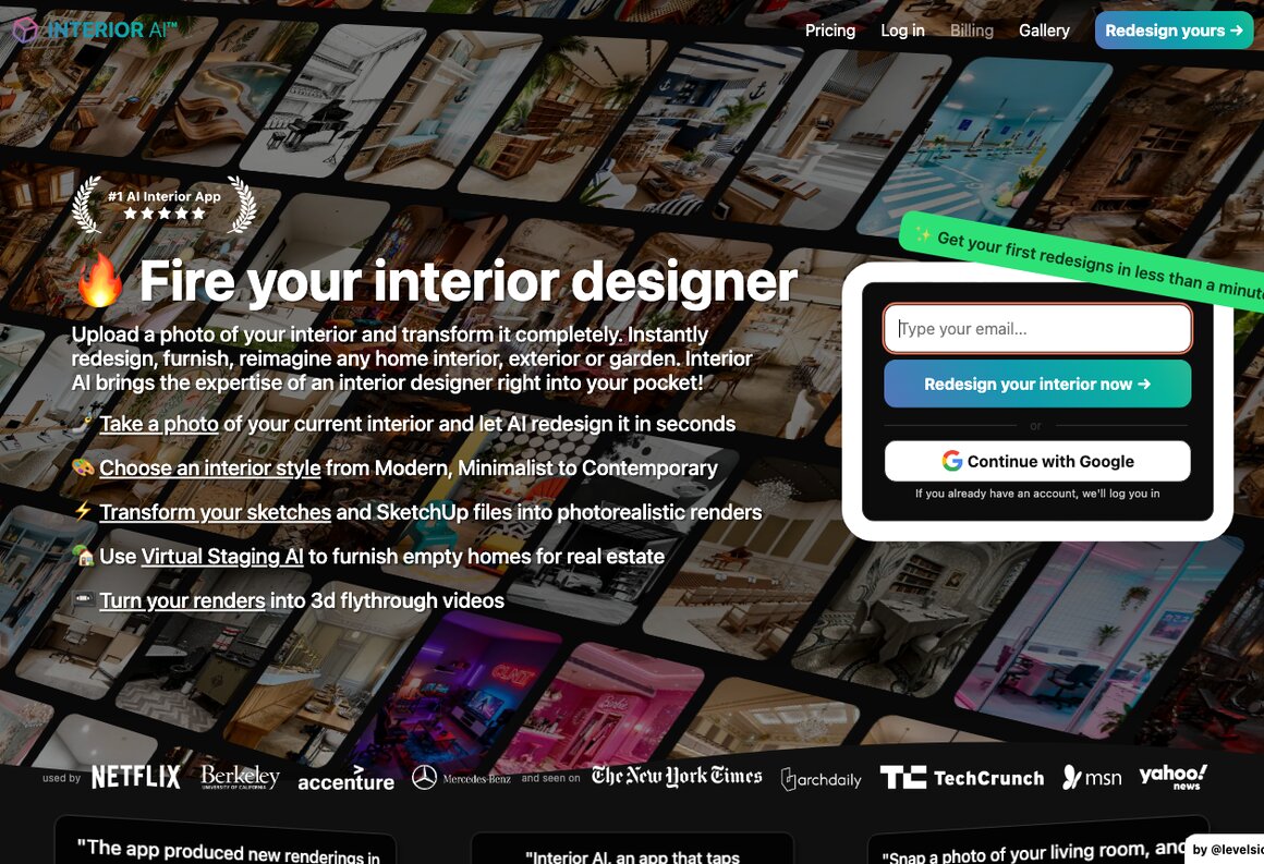 The Interior AI landing page, a preset-driven staging tool and ReimagineHome alternative for real estate