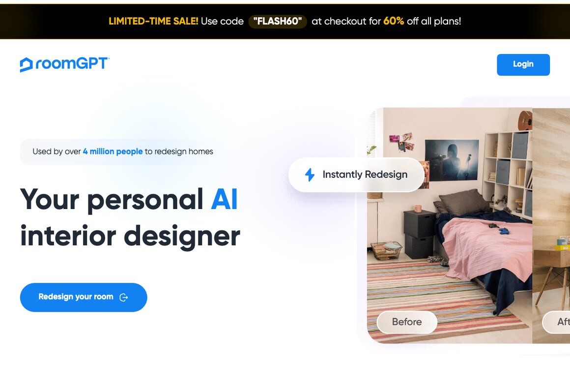 The RoomGPT landing page, a simple one-click ReimagineHome alternative for fast mood boards