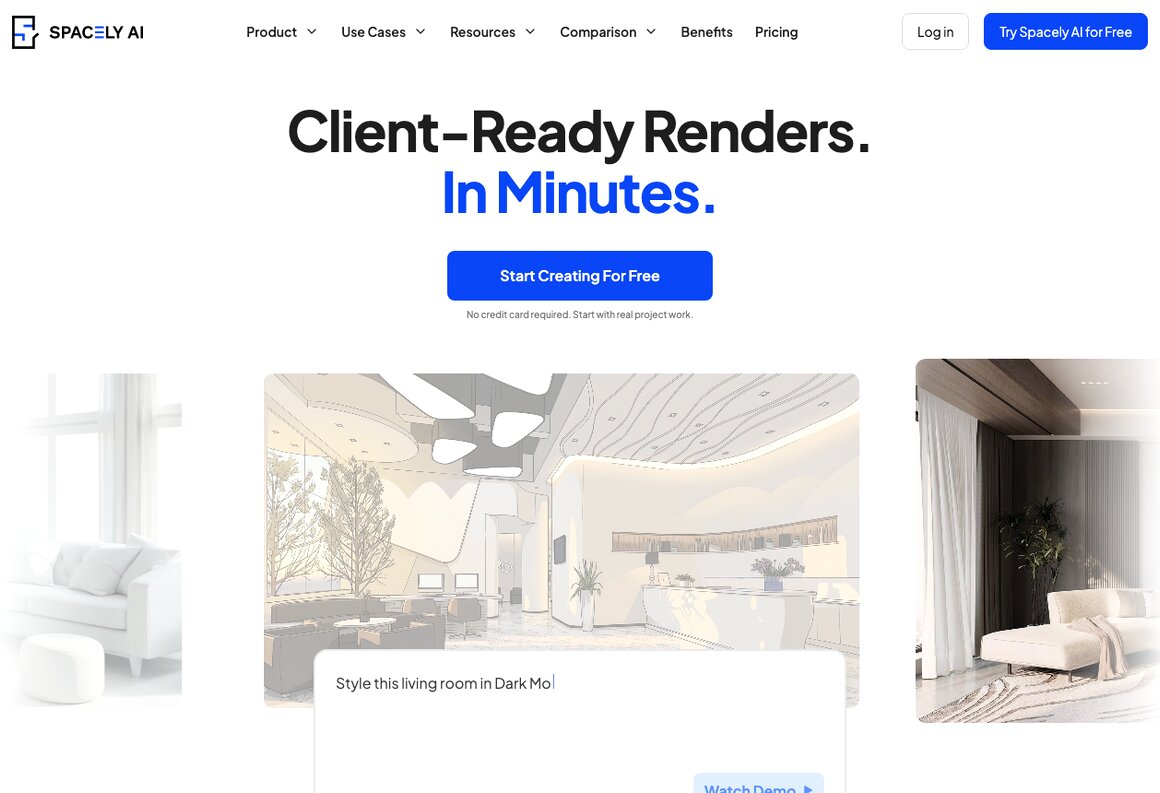 The Spacely AI landing page, a concept-iteration tool and ReimagineHome alternative for designers