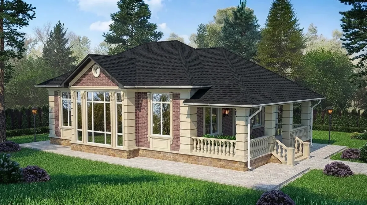 Red brick ranch house with cream stone trim and a large hip roof re-roofed in solid black architectural asphalt shingles
