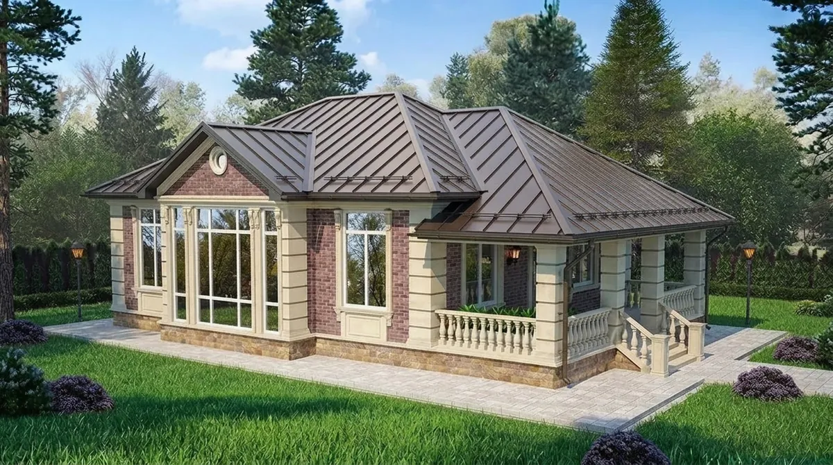 The same red brick ranch re-roofed in bronze standing seam metal roofing
