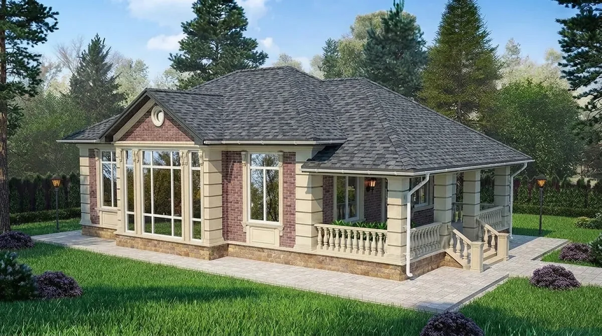 The same red brick ranch re-roofed in charcoal gray blend architectural shingles