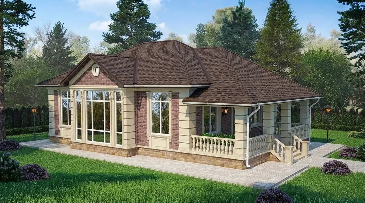 The same red brick ranch re-roofed in dark chocolate brown architectural shingles