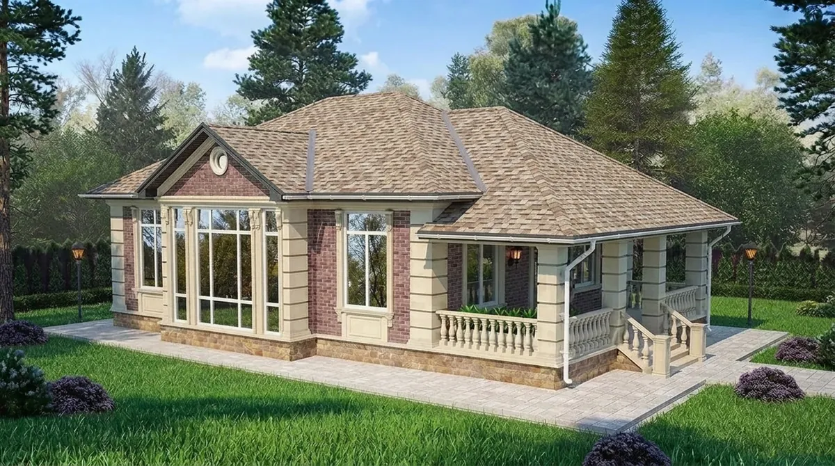 The same red brick ranch re-roofed in driftwood shingles, a light warm brown and tan blend