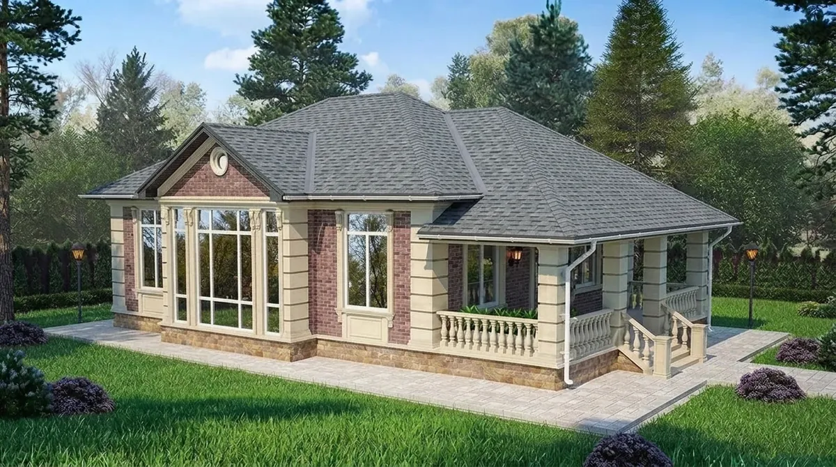 The same red brick ranch re-roofed in medium pewter gray architectural shingles