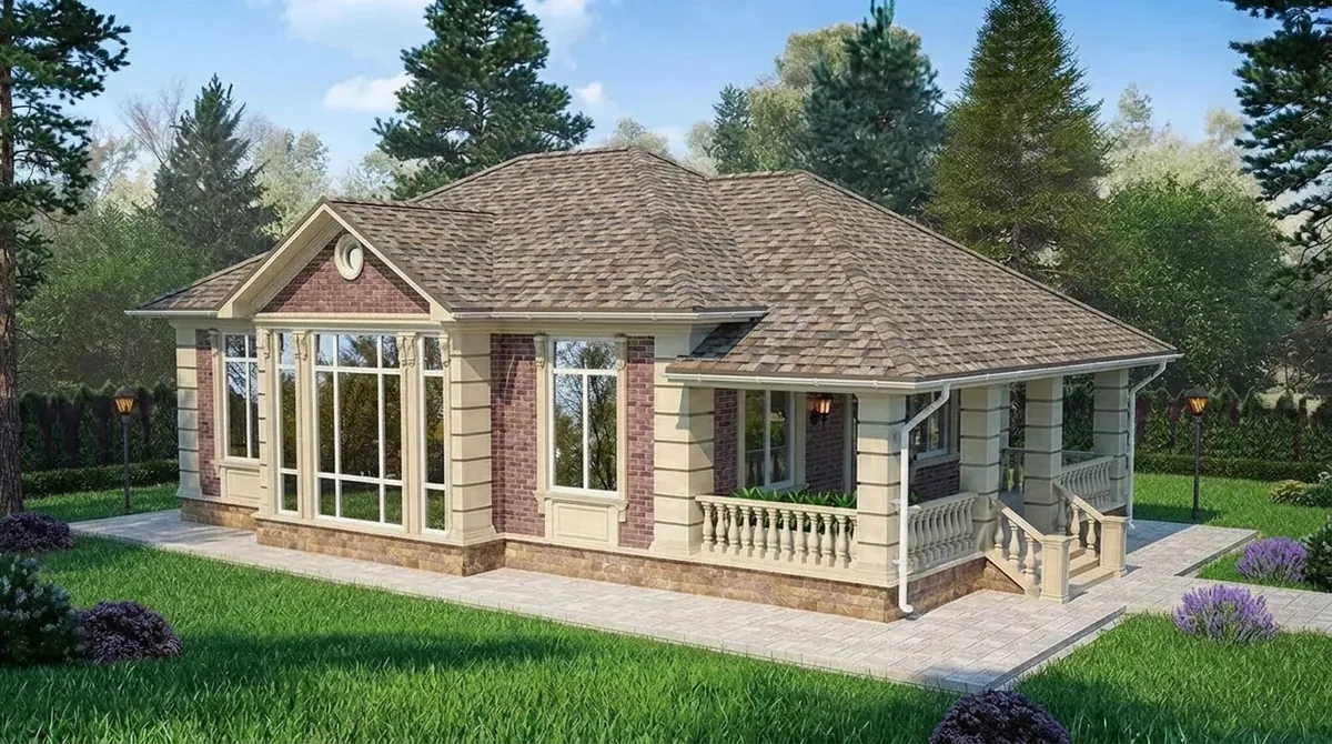The same red brick ranch re-roofed in weathered wood shingles, a blend of brown, gray and tan