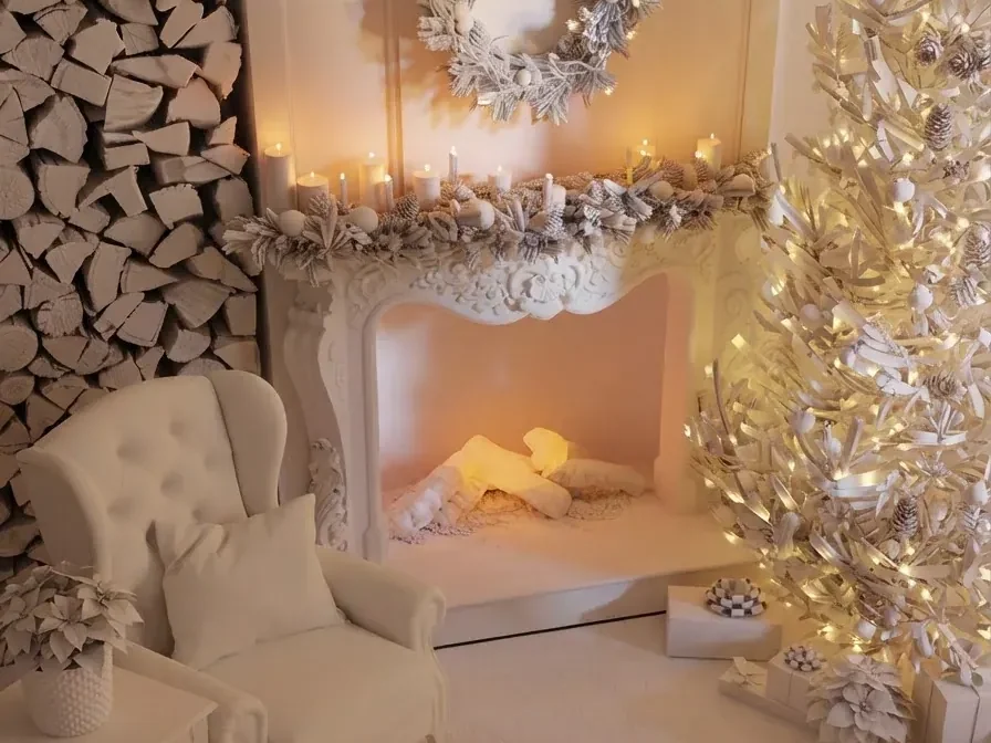 White Christmas living room corner with a carved white fireplace dressed in a frosted garland and candles, a white lit tree, stacked firewood and a cream wingback chair
