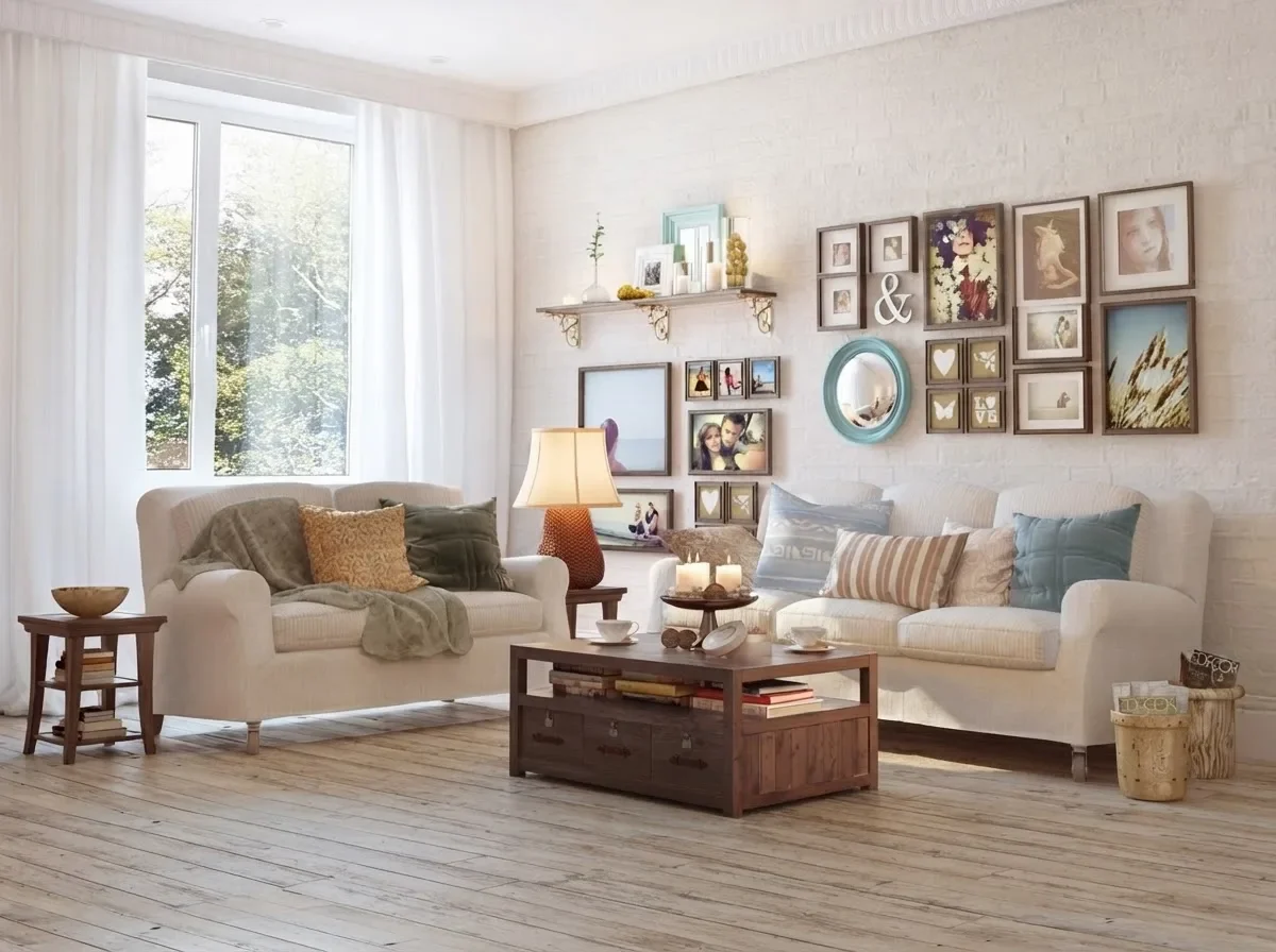 Bright living room decorated with a mixed gallery wall of framed prints, a round blue mirror and a floating shelf above two cream sofas with patterned cushions and a dark wood coffee table