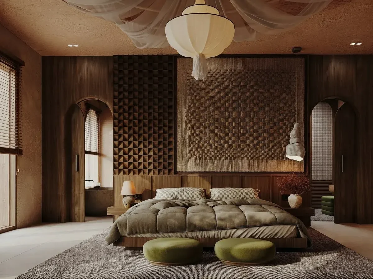 Bedroom with a carved wood wall panel, an olive quilted duvet, textured pillows and two moss green velvet poufs at the foot of the bed