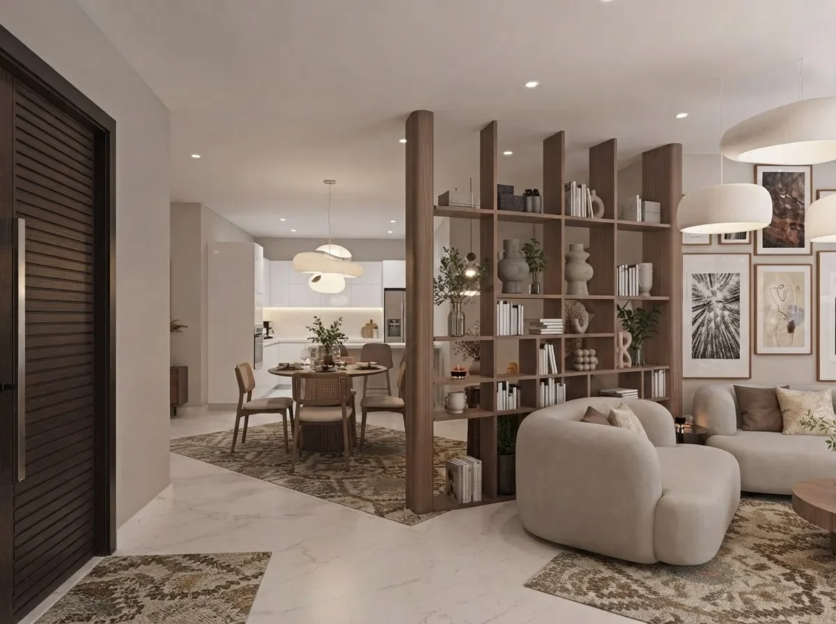 Open plan living room with a tall oak shelf divider styled with ceramic vases, stacked books and sculptural objects, framed prints on the wall and cream boucle chairs