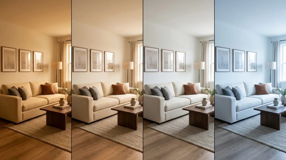 Visual comparison of light color temperatures from 2700K warm amber through 3000K warm white, 4000K neutral white, to 5000K cool daylight showing the same room under each temperature