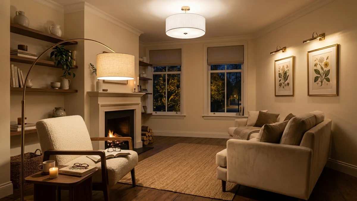 Living room showing three layers of lighting — ambient ceiling light, task reading lamp, and accent picture lights — creating depth and warmth