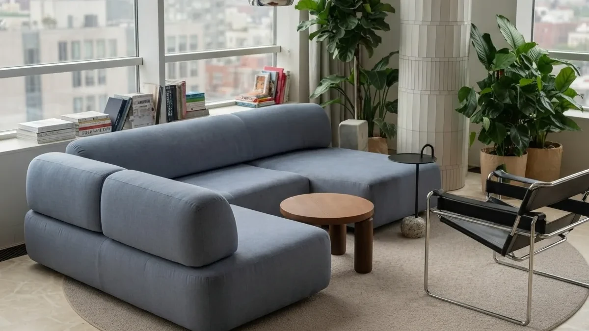 Bright loft living room makeover result: a blue modular sofa with a round wood coffee table, large plants and floor-to-ceiling city windows