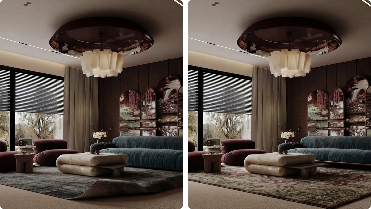 The same living room rendered twice: on the left an area rug with one corner lifted off the floor and touching no furniture, on the right the same rug lying flat with the coffee table anchoring it in place