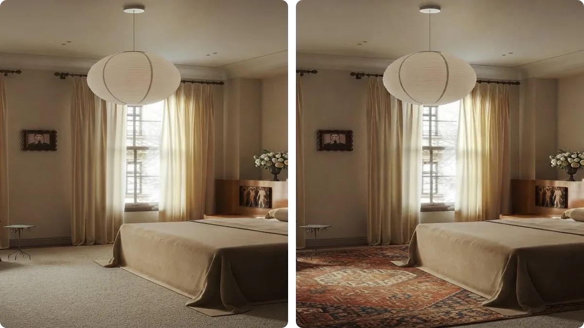 The same bedroom rendered twice from an identical angle: on the left plain carpet with no rug, on the right a large patterned rug running under the bed and out past its sides