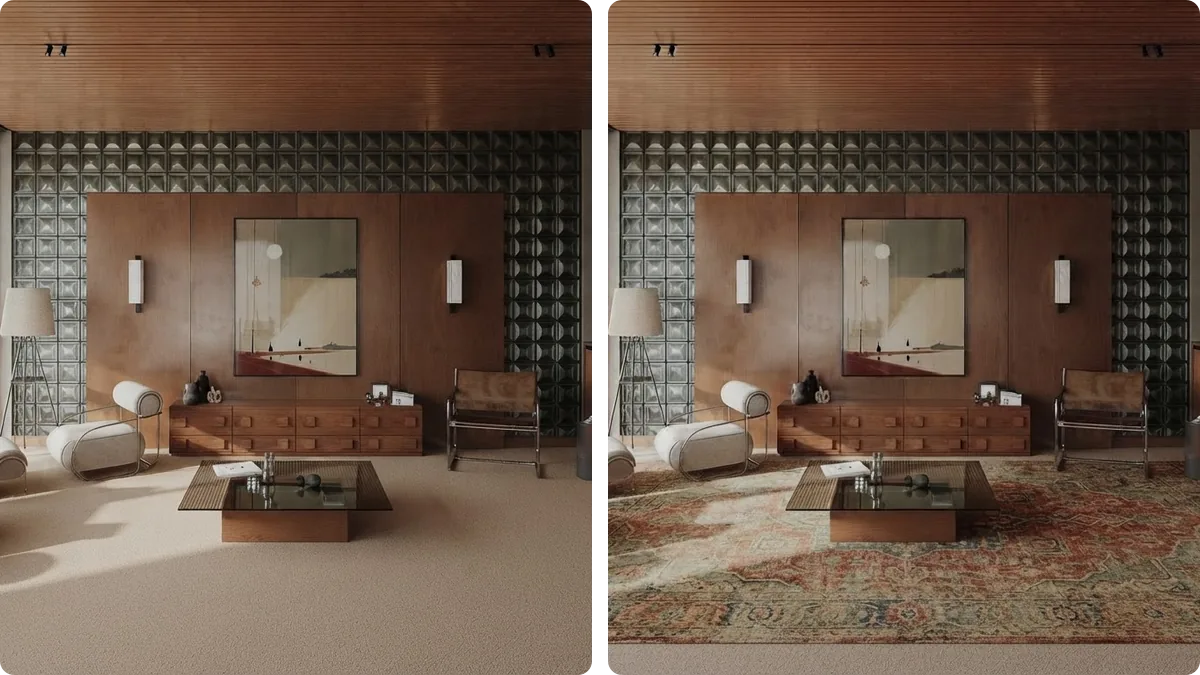 The same living room rendered twice from an identical camera angle: on the left plain beige wall to wall carpet with no area rug, on the right the same room with a large patterned area rug layered over the carpet under the coffee table