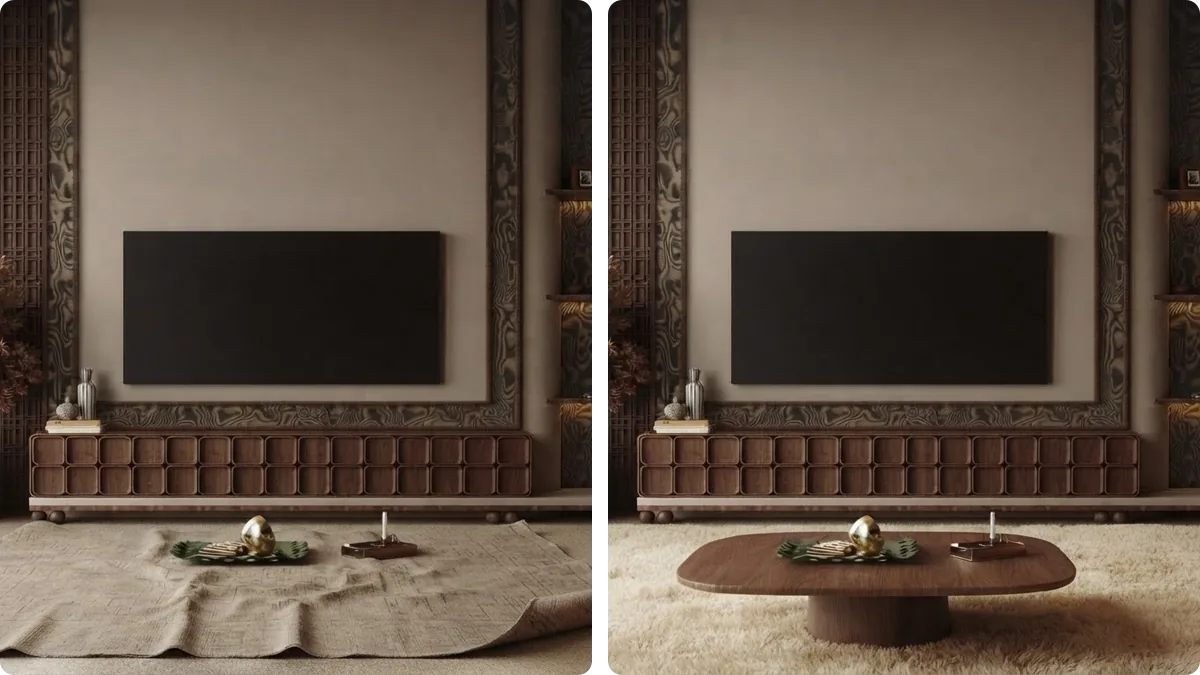 The same living room rendered twice: on the left a thin flatweave rug rippling with a curled up corner on top of deep pile carpet, on the right a thick high pile wool rug lying completely flat on the same carpet