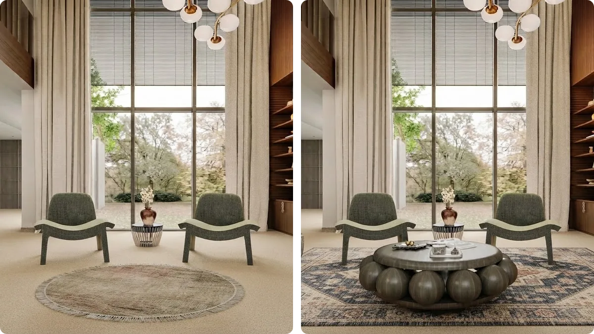 The same seating area rendered twice: on the left a small round rug floating on the carpet touching none of the furniture, on the right a large rectangular rug that reaches under both armchairs and the coffee table