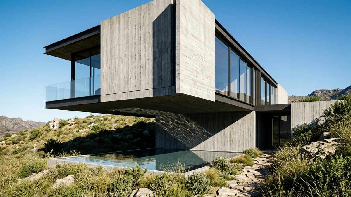 A concept visualisation of a cantilevered concrete and glass house on a sloping site, with a razor-sharp shadow line under the cantilever
