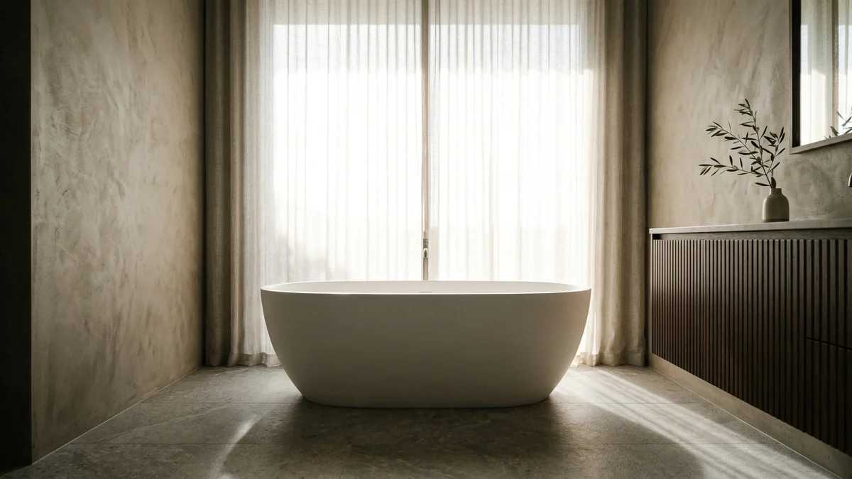 A freestanding tub backlit by strong sun through sheer linen curtains, the window reading as a soft glowing wall with a bright rim light around the tub