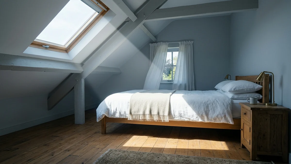 An attic bedroom where a single skylight drops one sharply defined shaft of morning sun diagonally across white linen bedding and an oak floor