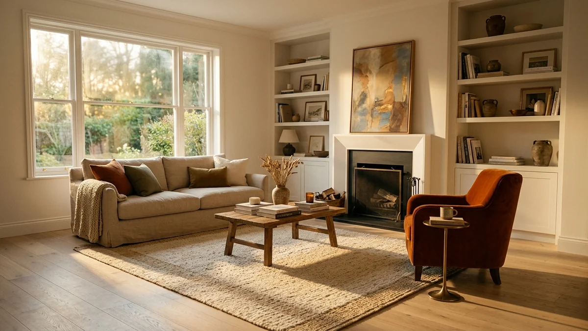 A staged living room with a linen sofa, rust velvet armchair and textured rug, lit by warm low sun casting long window shadows across the floor