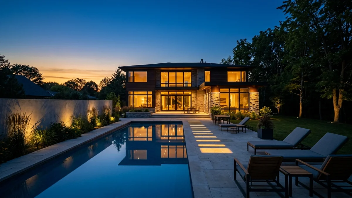 A crane-up frame over the rear of a contemporary house at blue hour, windows glowing amber and reflected in a still pool