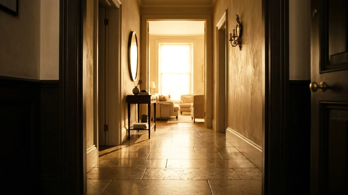 A frame from a slow dolly-in push down a limestone hallway toward a bright backlit doorway, with long shadows running toward the camera
