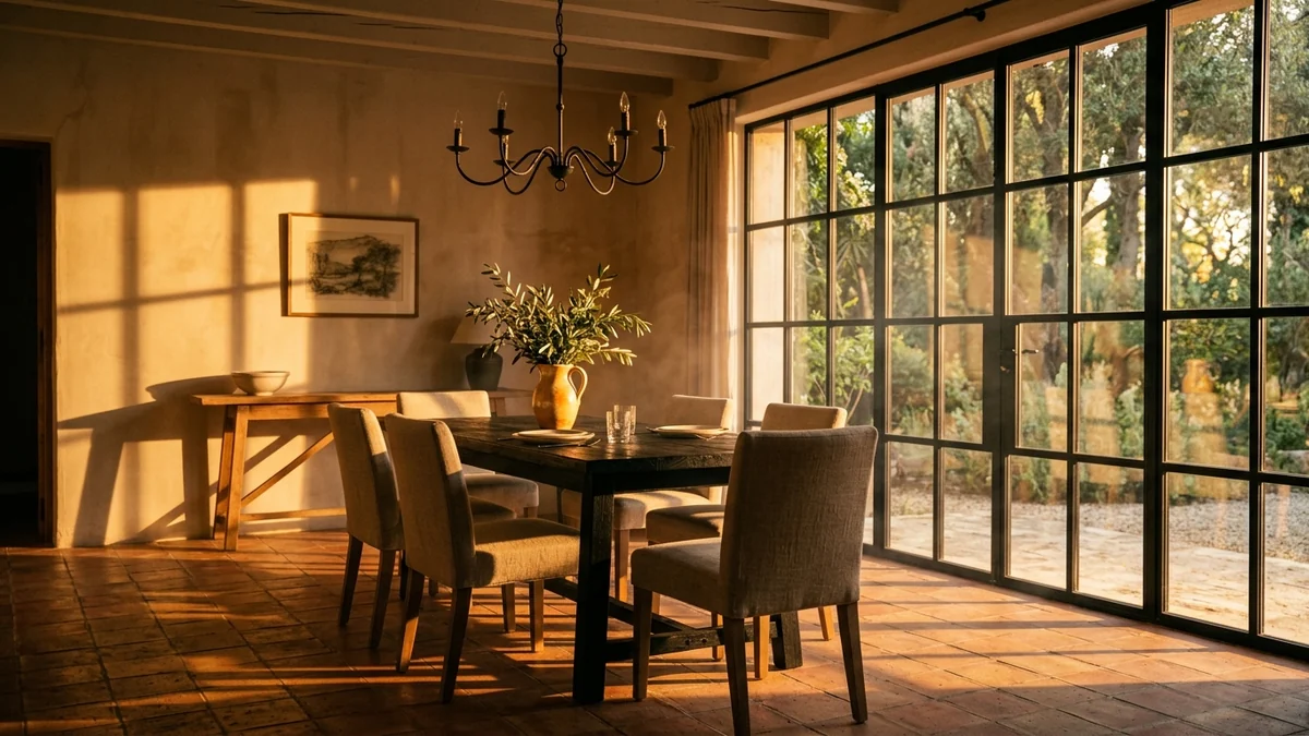 A dining room at golden hour where low sun through steel glass doors throws elongated mullion shadows across a terracotta tiled floor
