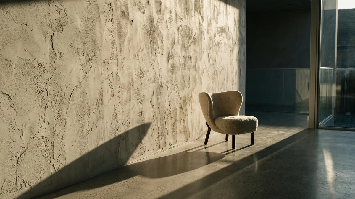 Low raking sunlight skimming along a textured limewashed plaster wall, every trowel mark casting its own small shadow, with one long chair shadow across a concrete floor