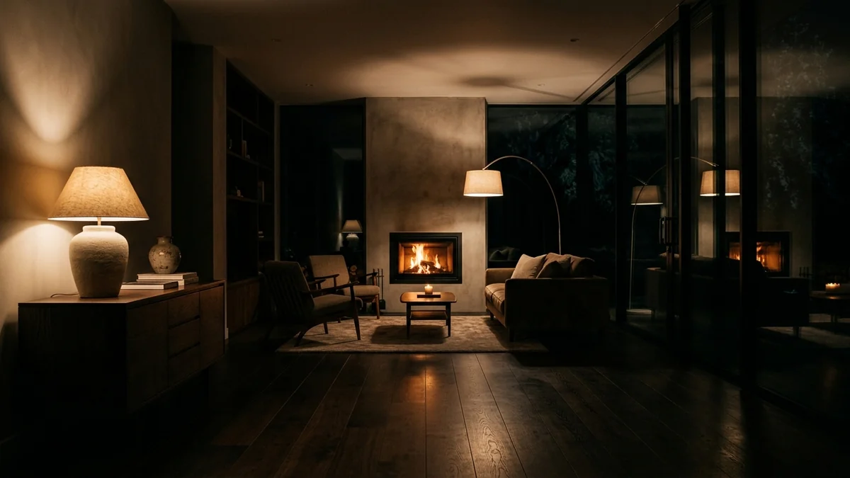 A living room after dark lit entirely by table lamps, a floor lamp and a lit fireplace, with deep pockets of shadow between the warm light pools