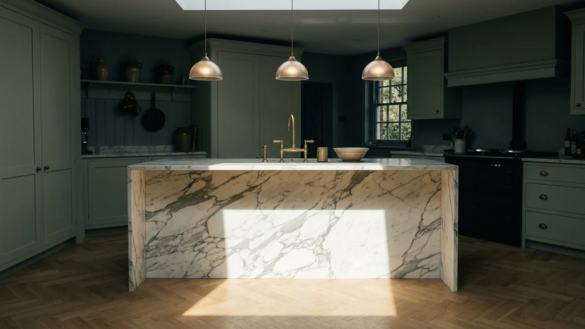 A marble kitchen island lit by a hard rectangular patch of skylight sun, with the surrounding cabinetry sitting in cool shadow