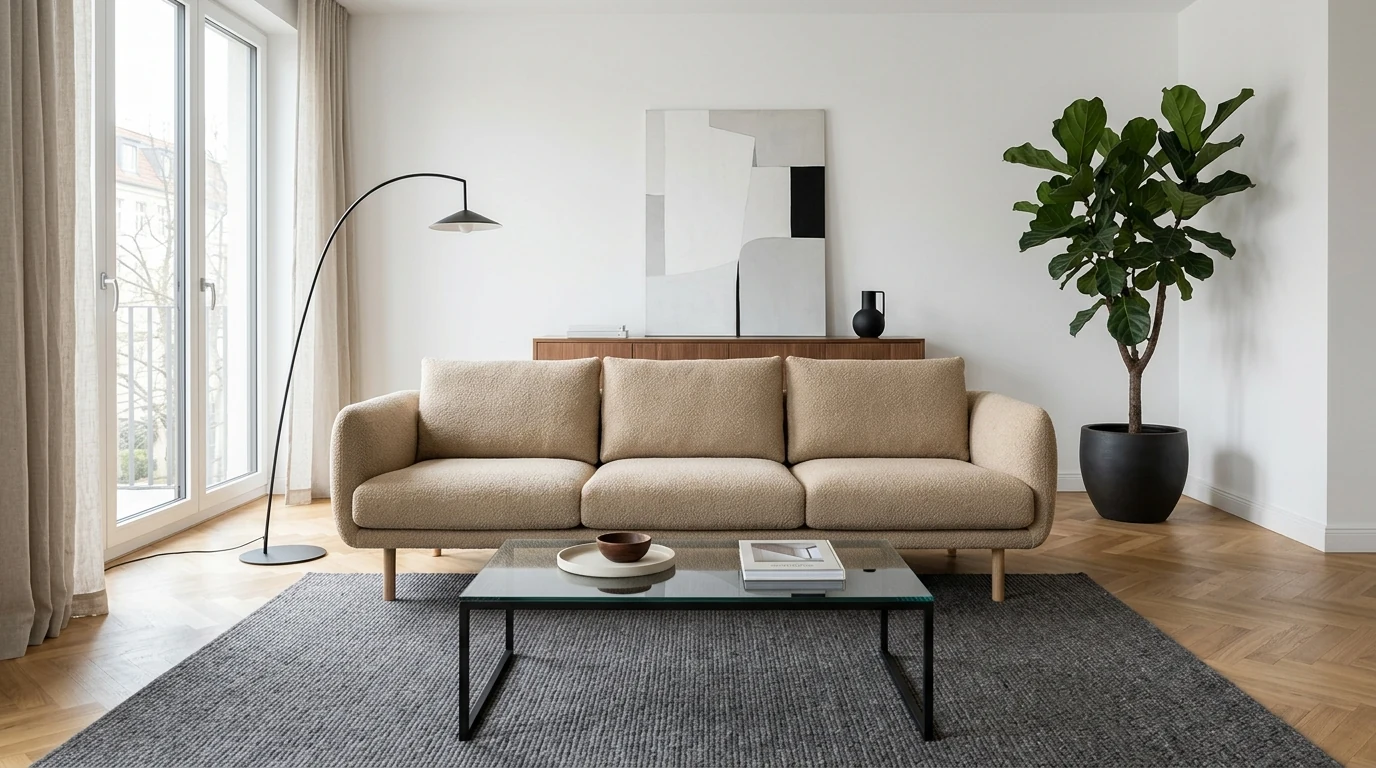 The same oatmeal boucle sofa staged for a German buyer: a refined, precise apartment with herringbone parquet, walnut console, glass-and-steel table and an aligned photo grid