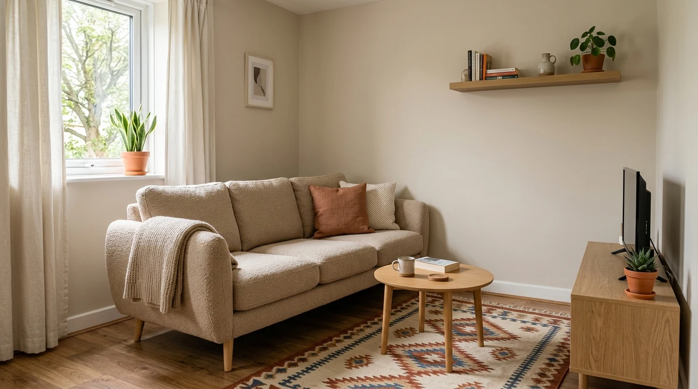 The same oatmeal boucle sofa staged for a Romanian buyer: a compact, practical apartment living area with a kitchenette, patterned rug and a warm, homely setup