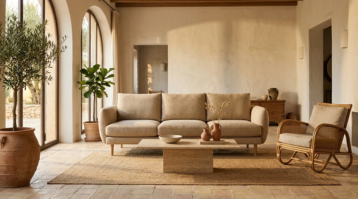 The same oatmeal boucle sofa staged for a Spanish buyer: a warm, sun-drenched Mediterranean living room with terracotta, rattan, olive plants and golden light