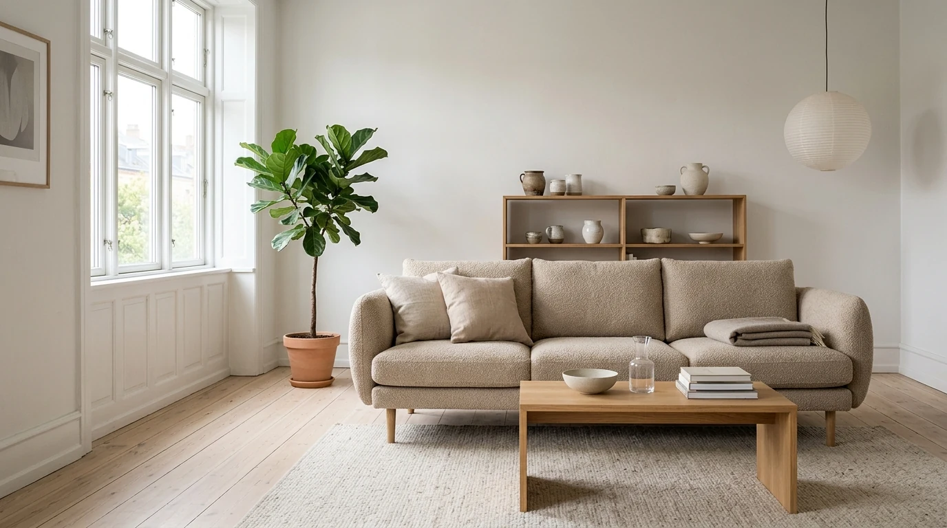The oatmeal boucle sofa staged for a Swedish buyer: a bright, airy Scandinavian open-plan room with light oak, wool, plants and a paper pendant lamp