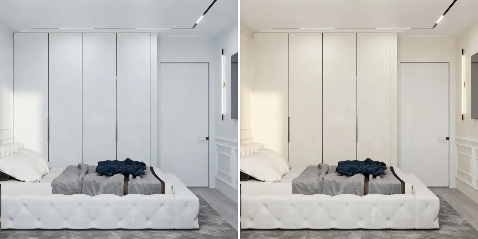 Bedroom with fitted wardrobes and a pale headboard shown twice, left in cold builder white and right with the walls in Alabaster