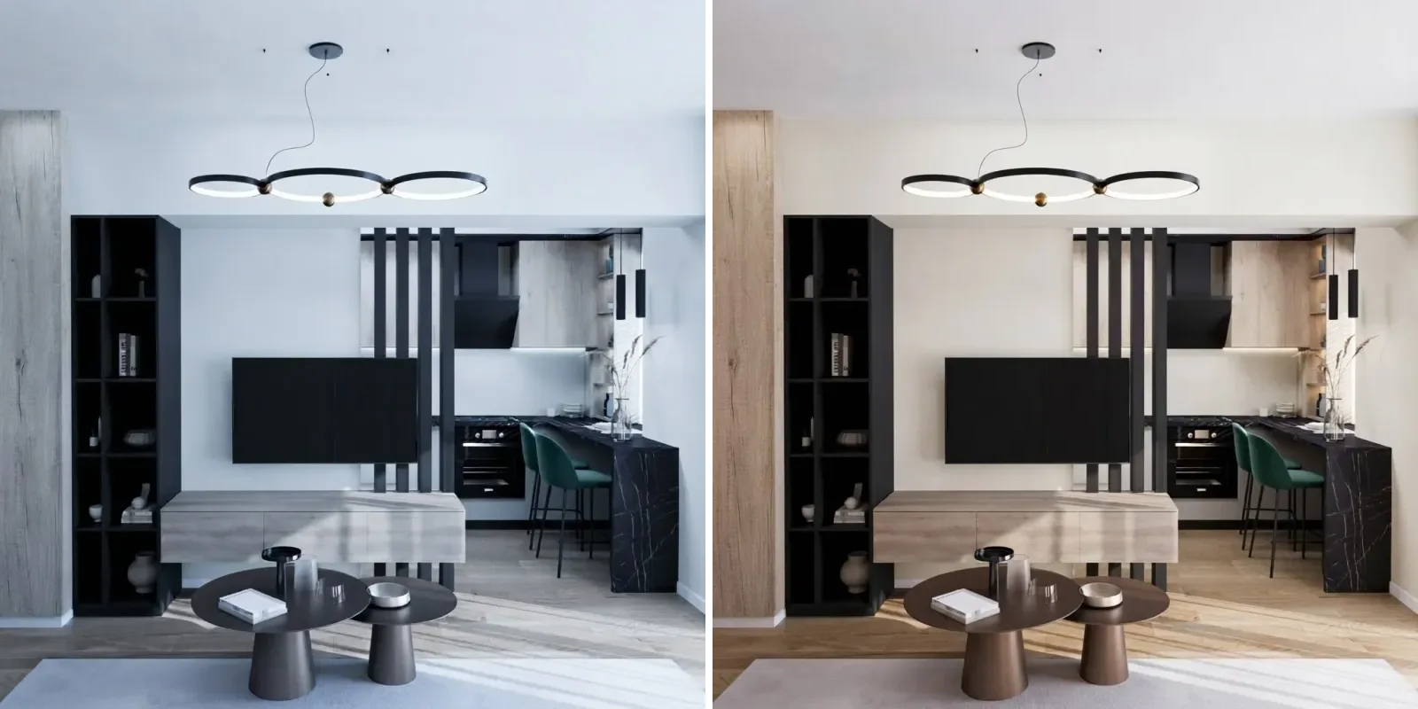 Living room with a low grey sofa, a black TV wall unit and a round rug shown twice, left with cold builder white walls and right with the same walls in Alabaster
