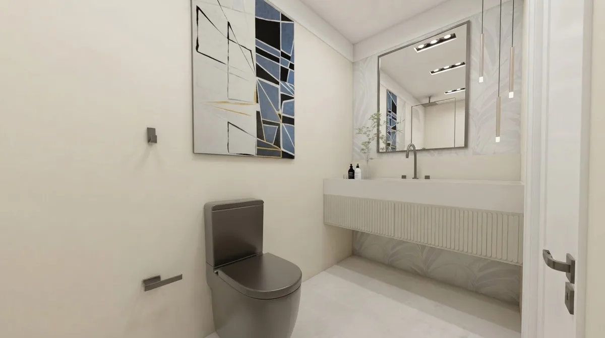 Bathroom with a floating vanity, a large mirror and a leafy wallpaper niche, painted walls in Alabaster