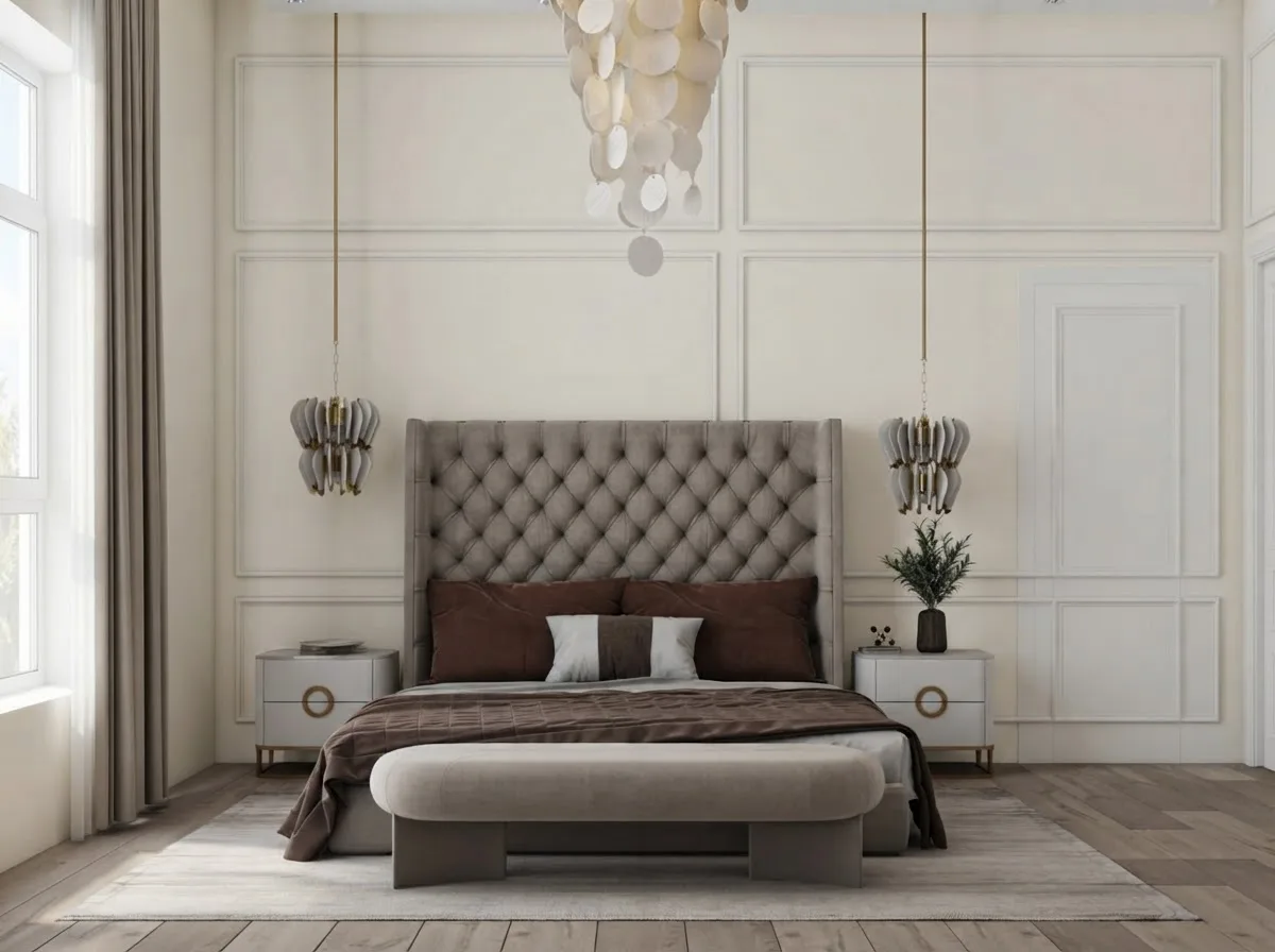 Classic bedroom with a tall tufted headboard, brass pendants and panel moulding, walls in Alabaster