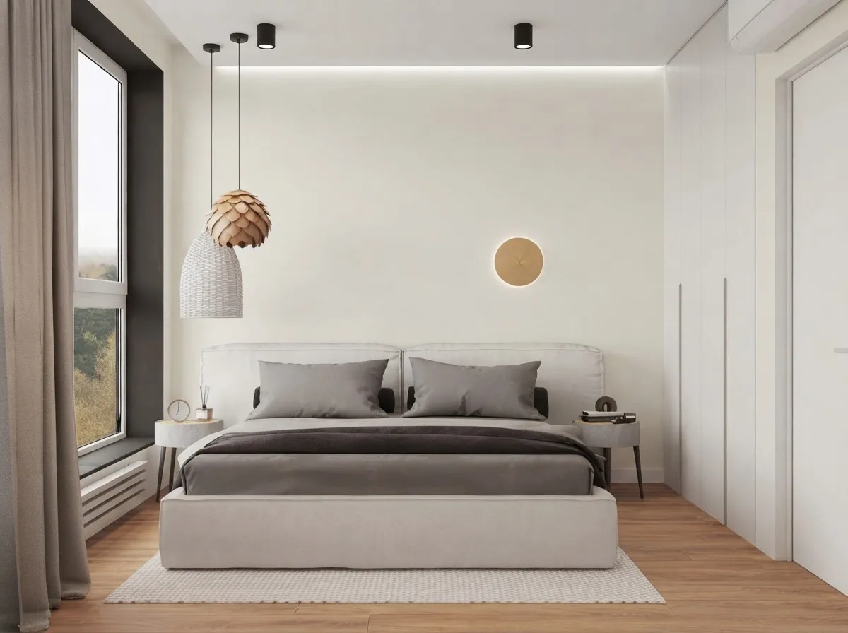 Small bedroom with a low grey bed, a rattan pendant and a round mirror, walls in Alabaster
