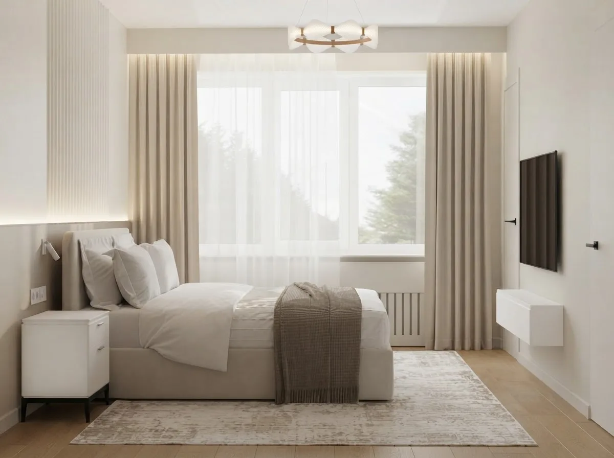 Bedroom with a low bed, floor length curtains and a wall mounted TV, walls in Alabaster