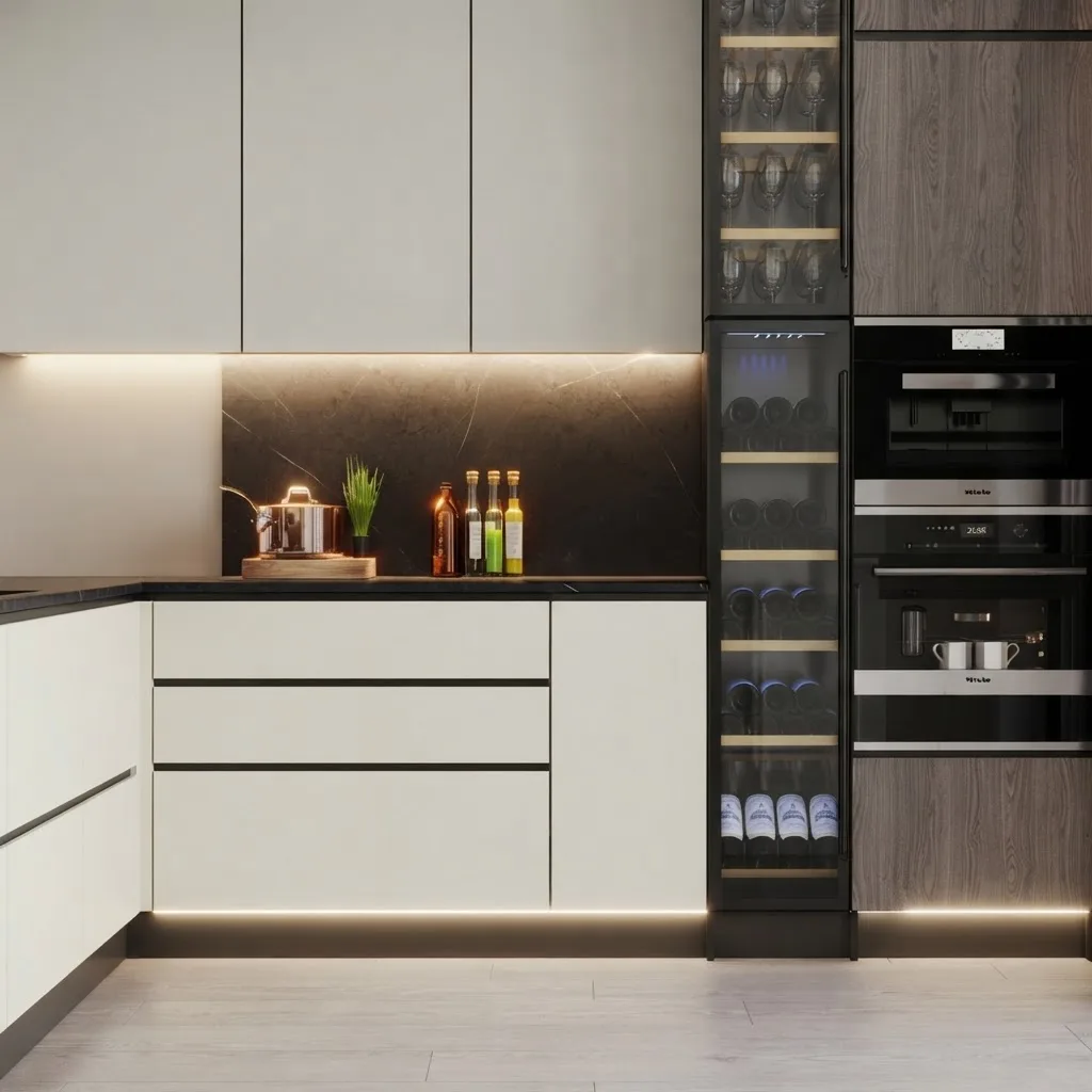 Tall Alabaster cabinet run with integrated appliances and a dark marble backsplash, Agreeable Gray walls