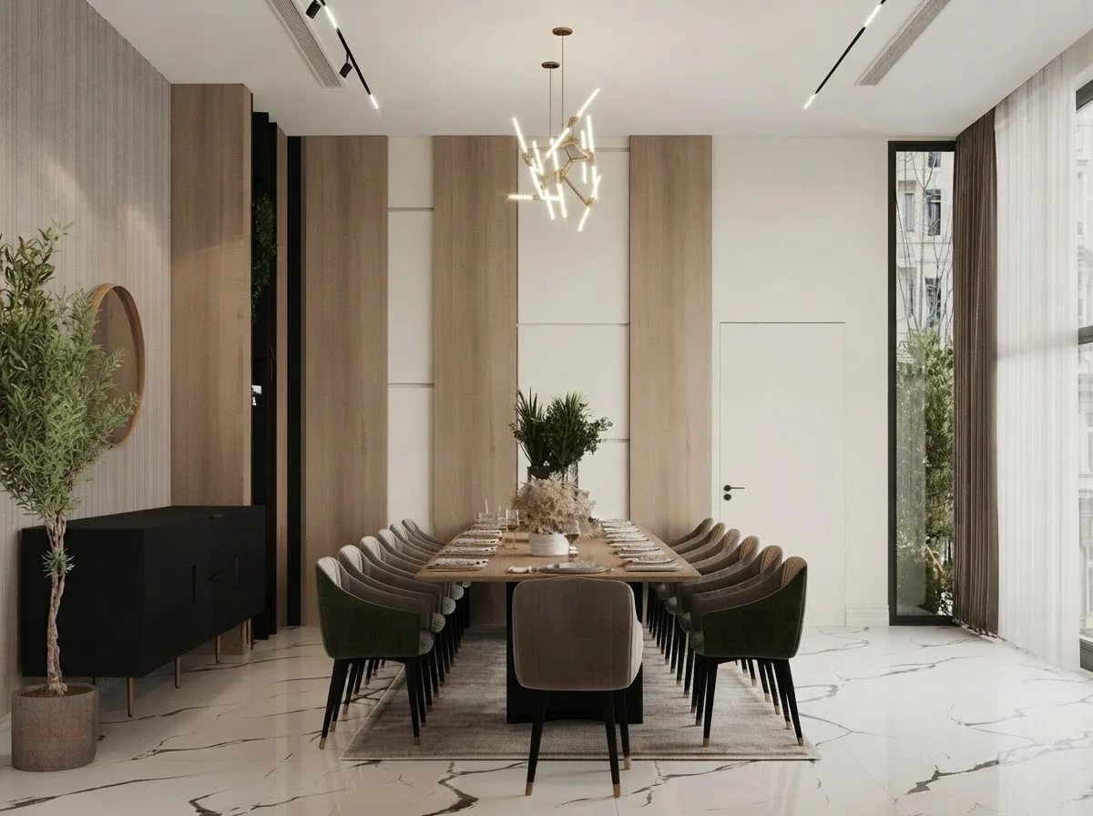 Dining room with a marble topped table, green upholstered chairs and tall windows, walls in Alabaster