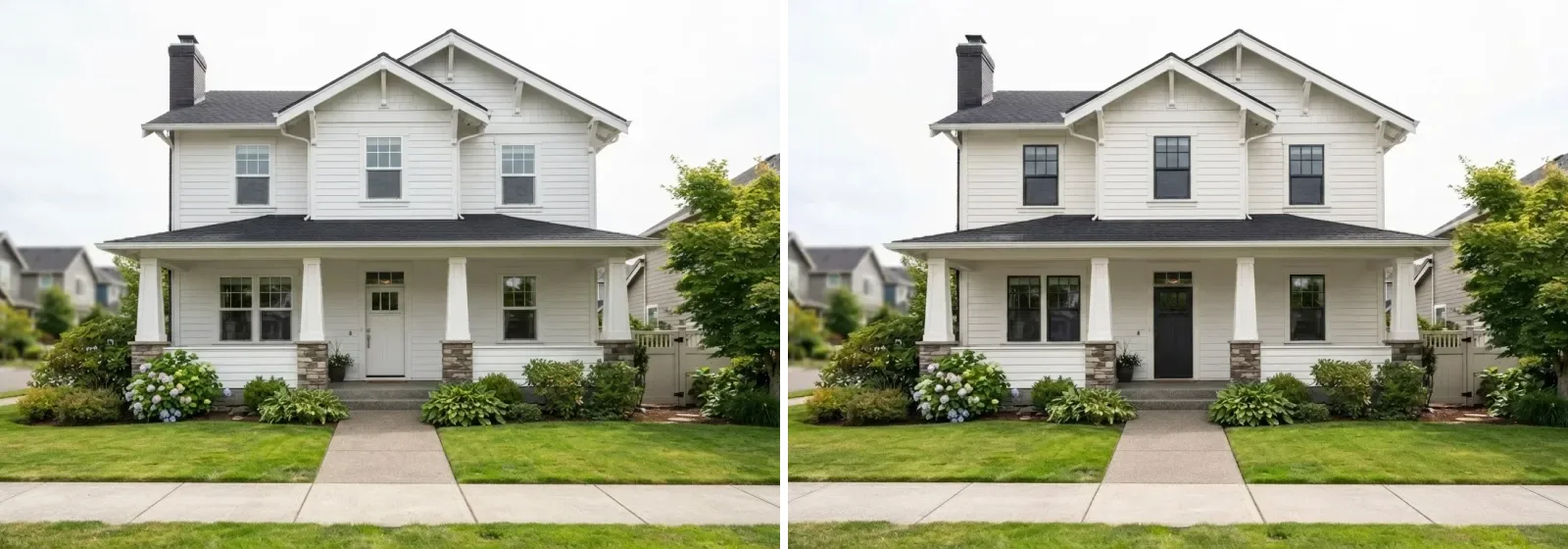 Two-storey craftsman house with a covered porch shown twice, left in plain builder white and right with siding and trim in Alabaster and a black Iron Ore front door and window sashes