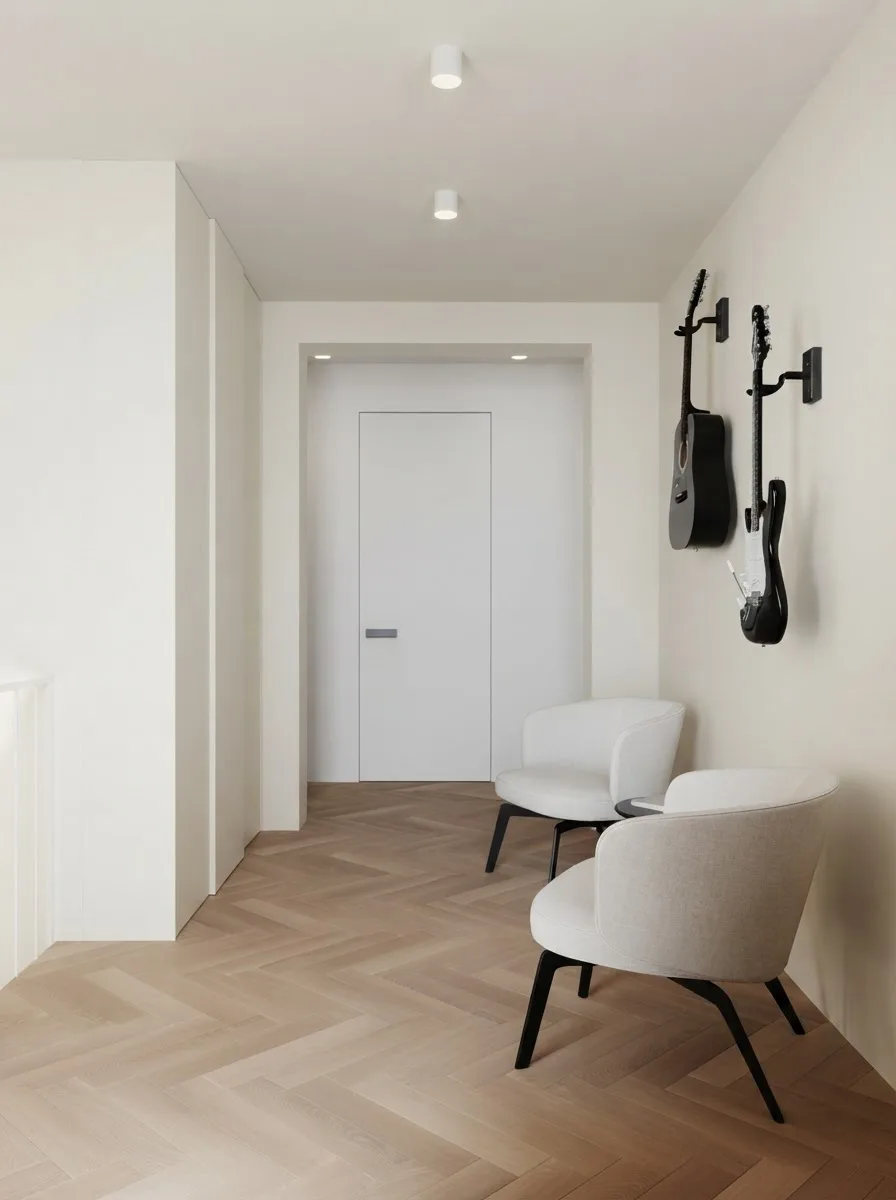 Hallway with a single armchair, a white panelled door and a guitar on the wall, walls in Alabaster