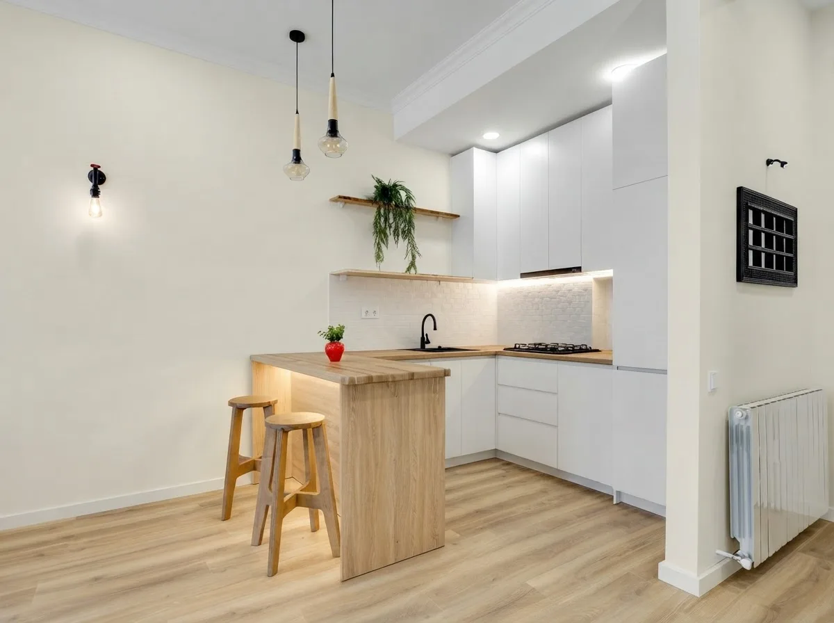 Real photograph of a small kitchen with pale cabinets, a wooden breakfast bar and two stools, walls in Alabaster