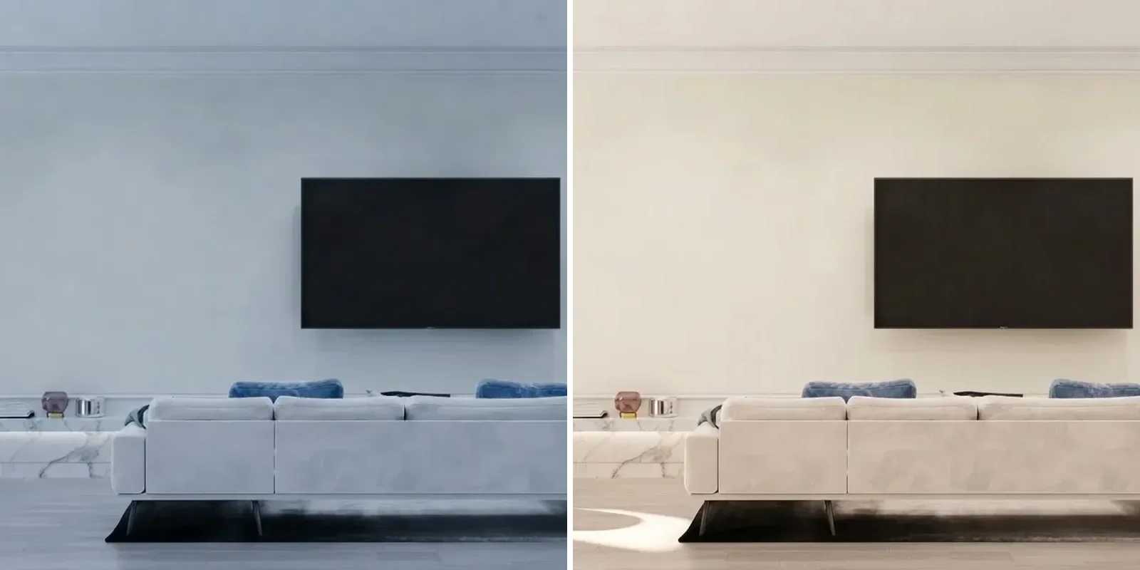 The same Alabaster living room shown twice, left in cool overcast north light where the walls read clean white and right in warm morning south light where they read soft cream