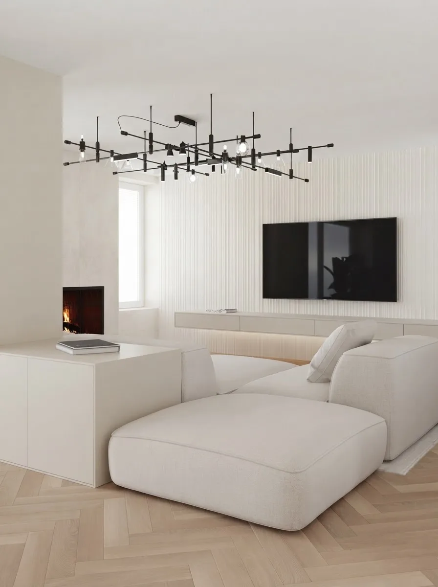 Living room with a pale sofa, a wall mounted TV and a small fireplace, walls in Alabaster