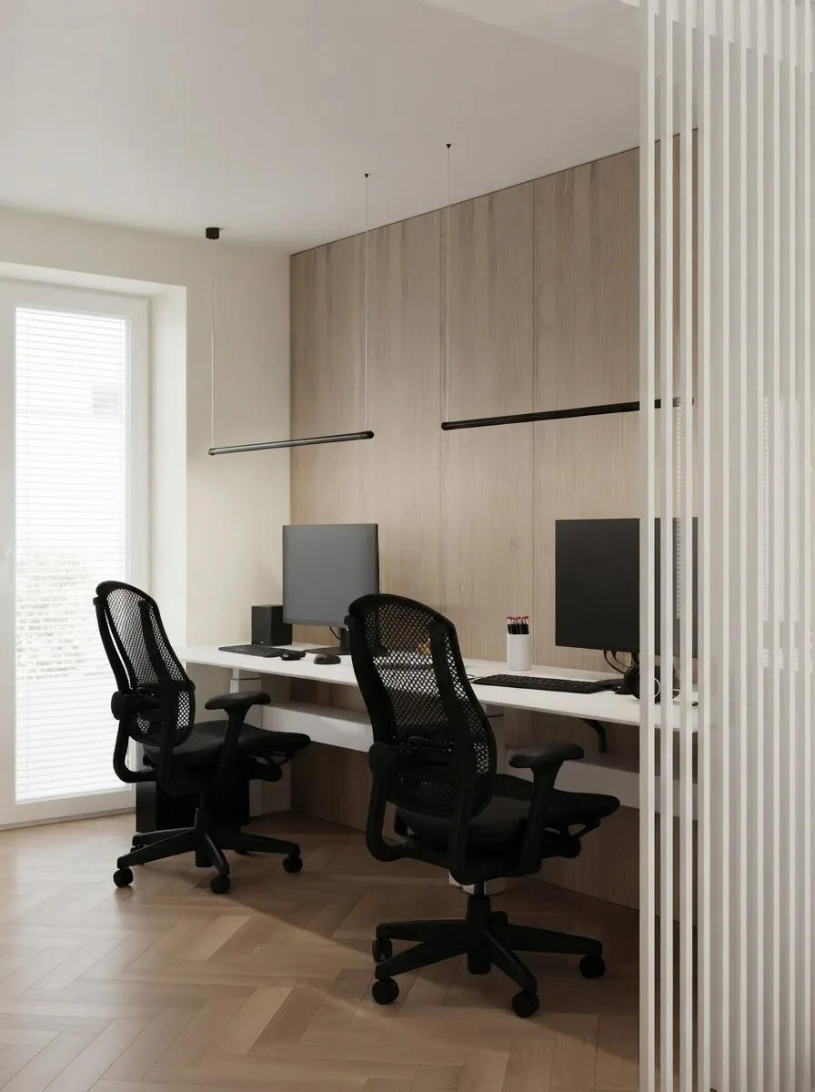 Home office with two desks, two black task chairs and a wood panelled back wall, walls in Alabaster